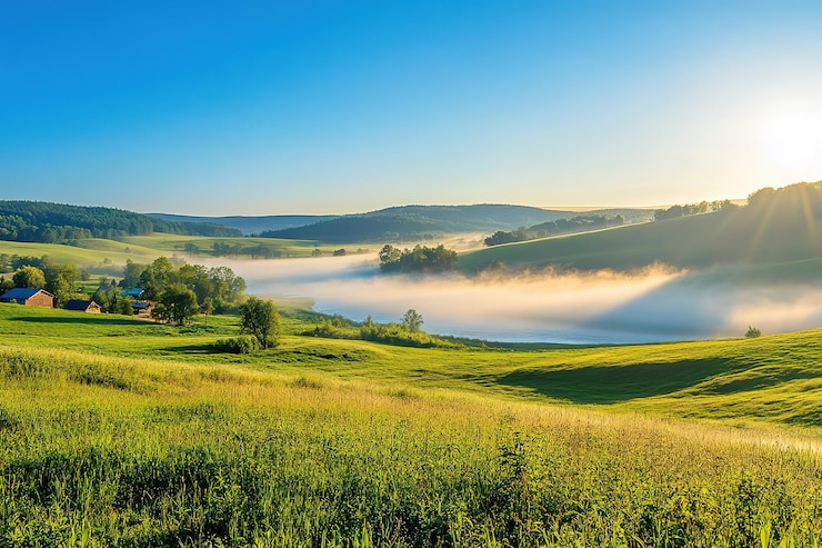 Vector paisaje de verano de río brumoso niebla serena verde exuberante belleza tranquila amanecer pacífico majestica naturaleza