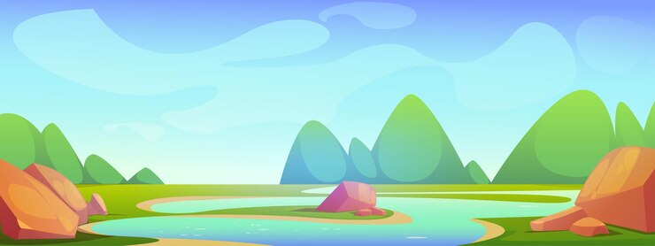 Paisaje de verano de un río con una isla en el medio de él estanque en un campo con piedras vector