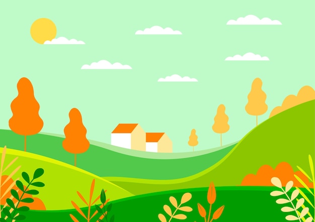 Vector un paisaje verde con una casa en la colina y el sol brilla.