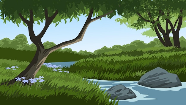 Vector un paisaje verde con un río y árboles.