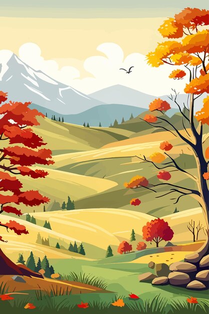 Vector paisaje vertical de otoño bosque cielo de nubes azules contra el fondo de colinas y montañas amarillo