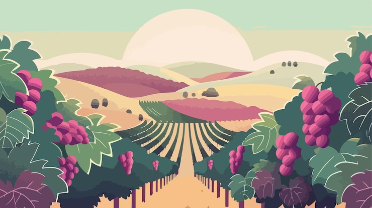 Vector paisaje de viñedos iluminados por el sol