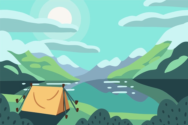 Vector paisaje de la zona de acampada con lago y carpa.