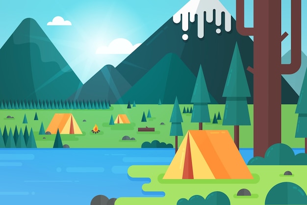 Vector paisaje de zona de camping con carpa y árboles.