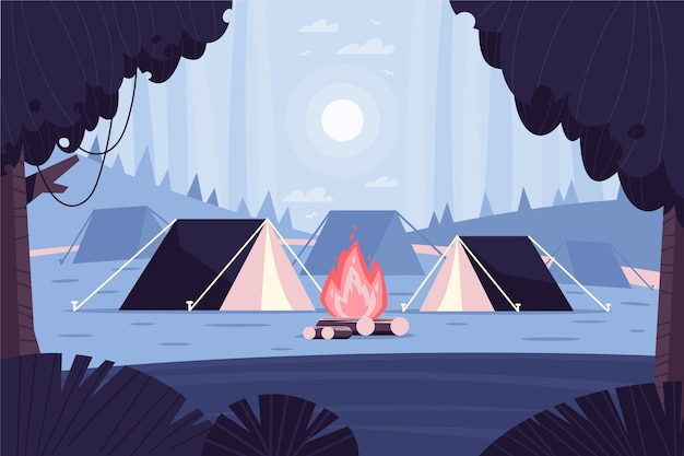Paisaje de zona de camping de diseño plano con carpas.