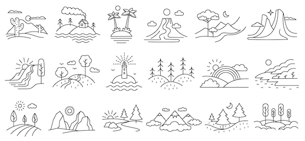 Paisajes de arte de líneas Terreno natural viajando lugares de senderismo Vector de contorno con trazo editable