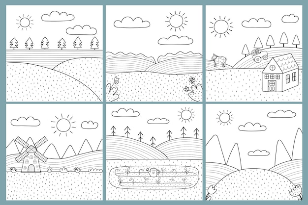 Paisajes en blanco y negro en estilo de dibujos animados Colección de fondo de granja para páginas para colorear