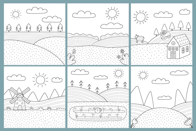 Paisajes en blanco y negro en estilo de dibujos animados colección de fondo de granja para páginas para colorear