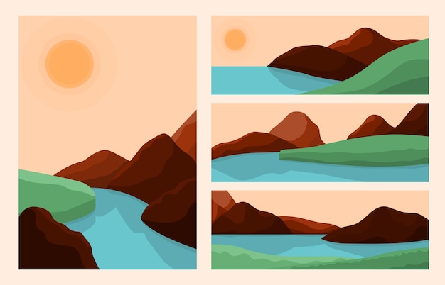 Vector paisajes de moda. paisaje de arte, fondo gráfico de río de montaña. skyline sunrise, fondo de pantalla de vector reciente bohemio estético. paisaje de montaña, ilustración de fondo de pantalla de panorama de amanecer