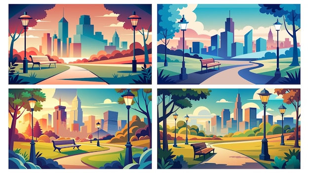 Vector paisajes de parques urbanos en diferentes horas del día con fondo urbano