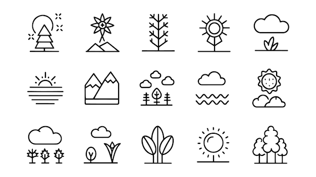 Paisajes plantas clima y temas al aire libre relacionados Minimalista Línea Negra 15pcs iconos establecidos aislados en fondo blanco