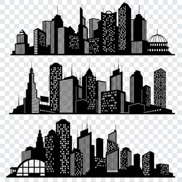 Vector paisajes urbanos, edificios del horizonte de la ciudad, conjunto de vectores de siluetas de gran ciudad