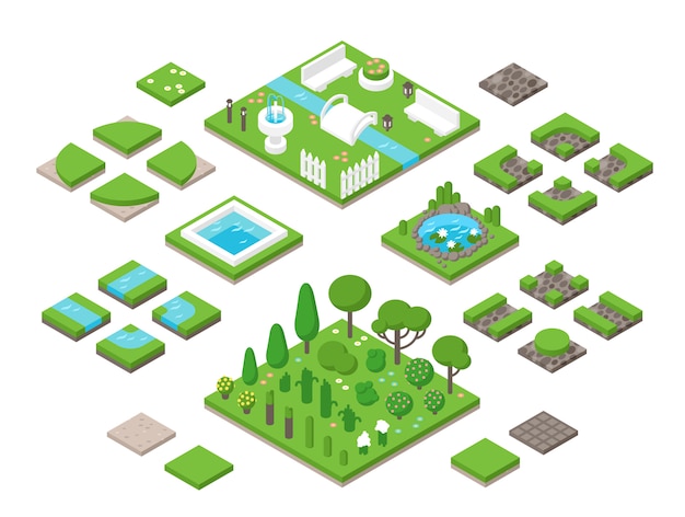 Paisajismo elementos de diseño de jardín 3d isométricos