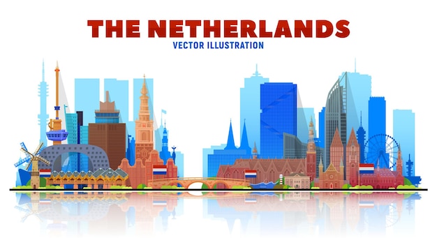 Los países bajos amsterdam rotterdam la haya eindhoven y otra ilustración de vector de horizonte en fondo blanco concepto de viajes de negocios y turismo con famosos monumentos de francia