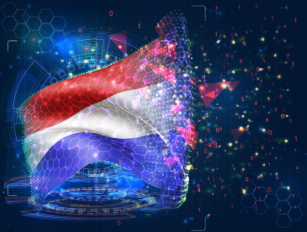 Países Bajos bandera vectorial objeto 3D abstracto virtual de polígonos triangulares sobre un fondo azul
