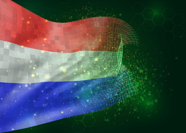 Países Bajos, vector bandera 3d sobre fondo verde con polígonos y números de datos