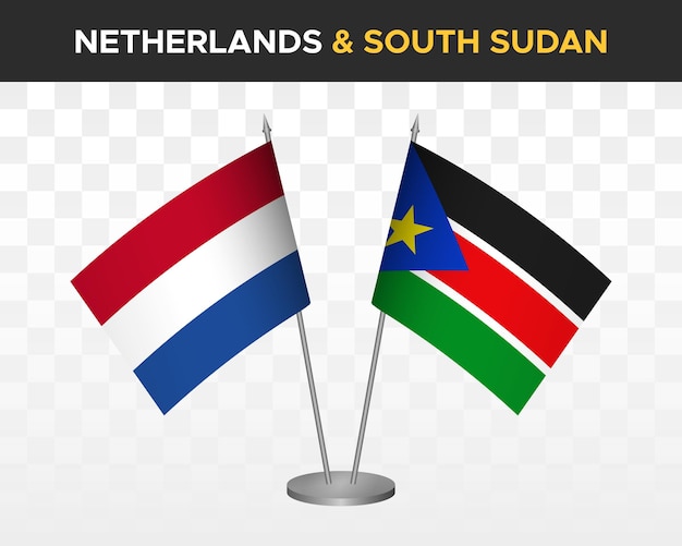 Países bajos vs sudán del sur maqueta de banderas de escritorio ilustración vectorial 3d aislada bandera de mesa holandesa