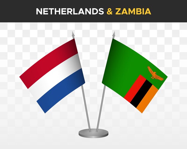 Países Bajos vs zambia escritorio banderas maqueta aislado 3d vector ilustración bandera de mesa holandesa