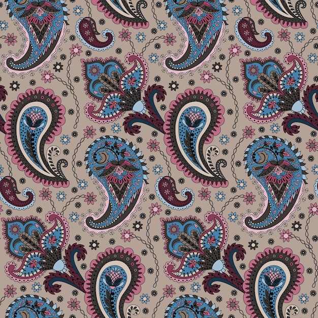 Vector paisley, étnico, floral, mano, dibujado, seamless, patrón