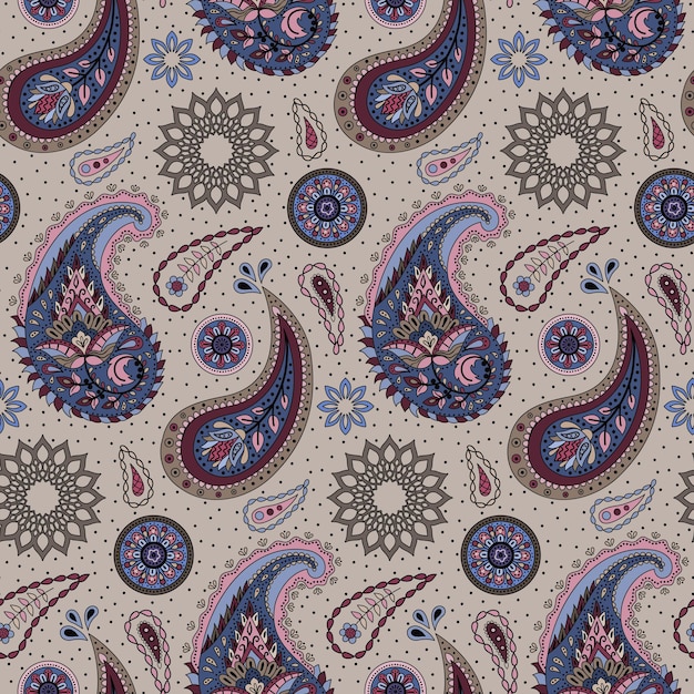 Vector paisley, étnico, floral, mano, dibujado, seamless, patrón