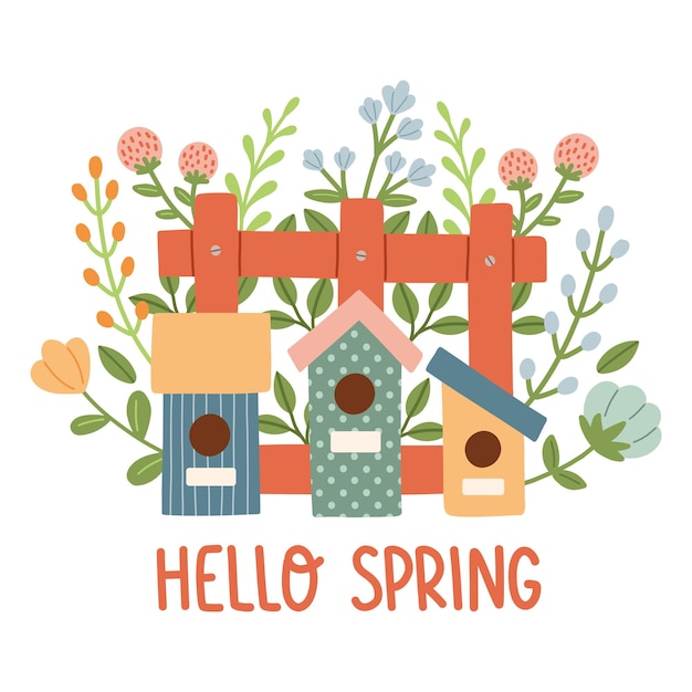 Pajarera de primavera. Plantilla de tarjeta de felicitación de humor primaveral. Invitación de bienvenida a la temporada de primavera. Tarjeta postal