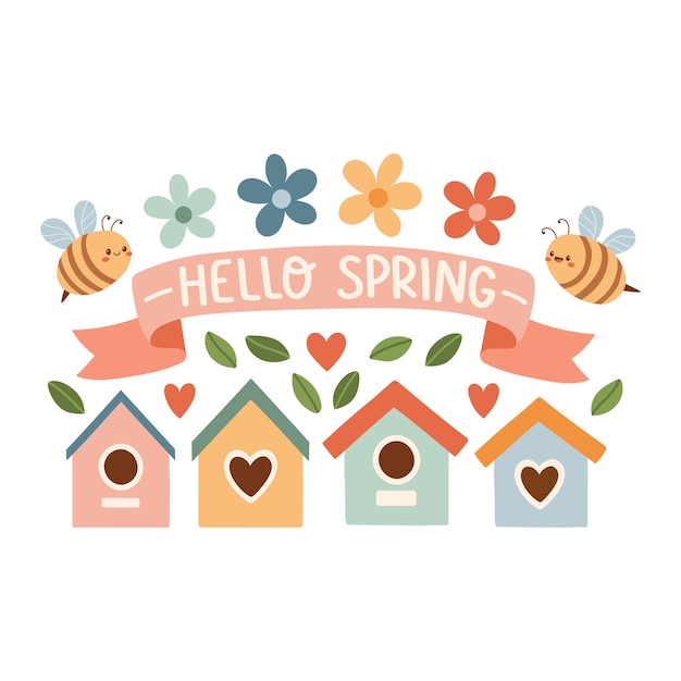Pajarera de primavera. Plantilla de tarjeta de felicitación de humor primaveral. Invitación de bienvenida a la temporada de primavera. Tarjeta postal