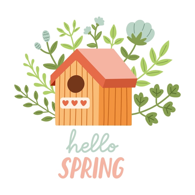 Pajarera de primavera. Plantilla de tarjeta de felicitación de humor primaveral. Invitación de bienvenida a la temporada de primavera. Tarjeta postal