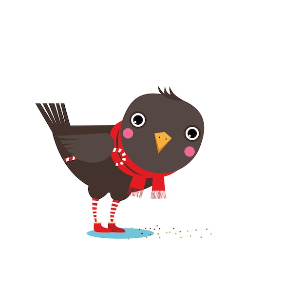 Un pajarito con una bufanda y botas con una piruleta de Navidad bajo el ala
