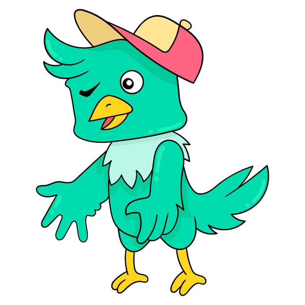Pajarito con estilo usando un sombrero, arte de ilustración vectorial. imagen de icono de garabato kawaii.