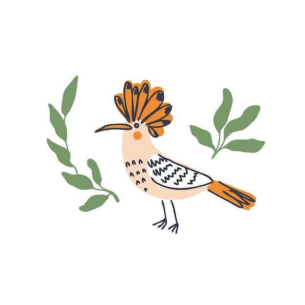 Pájaro de abubilla dibujado a mano con hojas de verano Perfecto para camiseta, póster, textil e impresión Ilustración de vector de Doodle para decoración y diseño