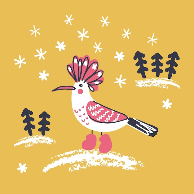 Pájaro de abubilla de invierno con árboles de navidad y copos de nieve perfecto para textiles de póster de camiseta e impresión ilustración vectorial dibujada a mano para decoración y diseño