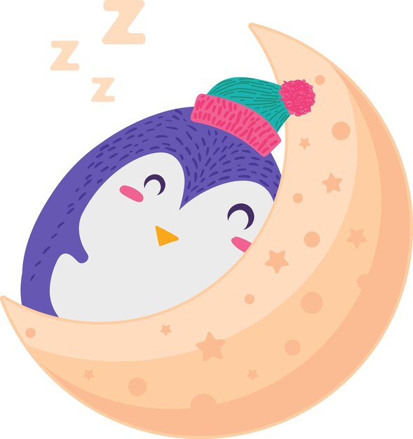 Pájaro antártico pingüino durmiendo en el vector de la luna. Lindo, divertido, acuático, no volador, polo polar, animal salvaje, niño, dulce, sueño. Soñando y disfrutando en la noche ilustración de dibujos animados plana