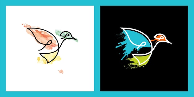 Pájaro de arte lineal con ilustración de logotipo de acuarela