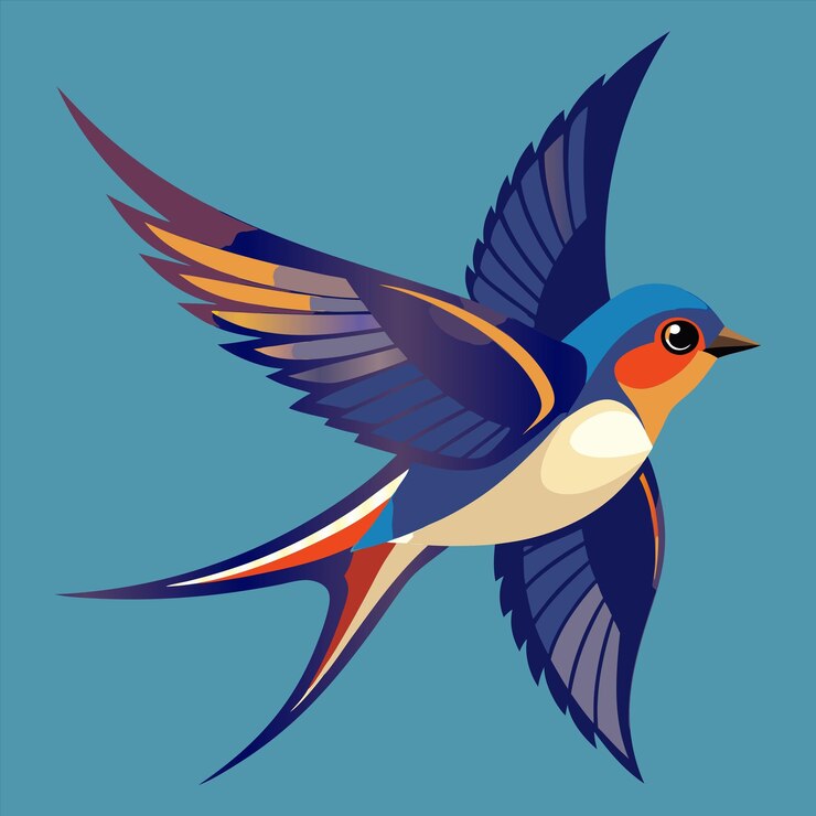 Vector un pájaro azul y blanco con un ala azul y naranja que dice "el pájaro azul"