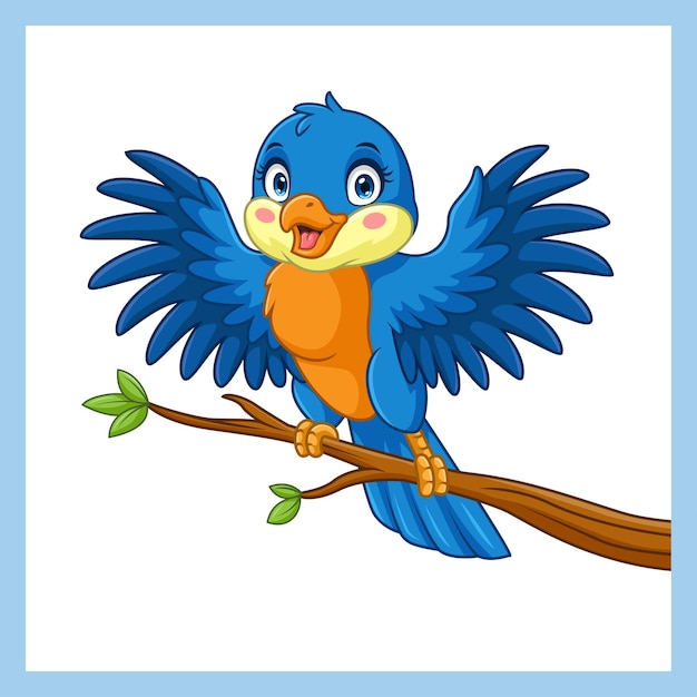 Un pájaro azul de dibujos animados agitando en la rama de un árbol