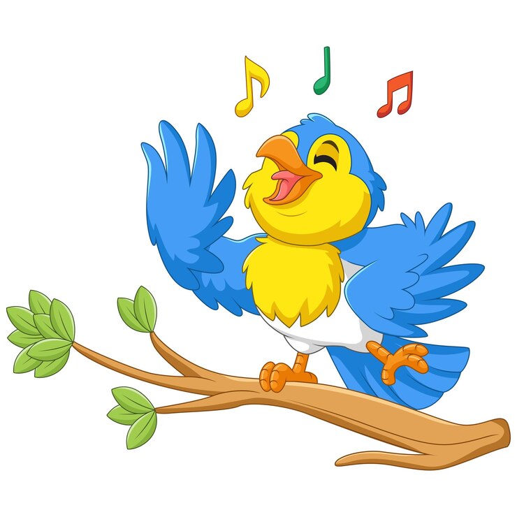 Vector un pájaro azul de dibujos animados cantando en la rama de un árbol
