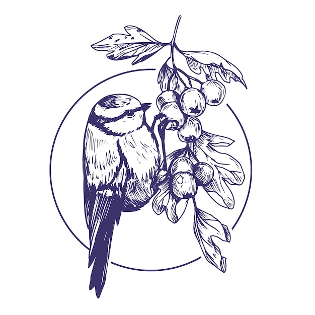 Pájaro en bayas ilustración de tinta de tit azul gran tit boceto realista de estilo vintage vector dibujado a mano