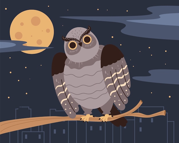 Vector el pájaro búho de la noche sentado en la rama del concepto de la ciudad oscura ilustración de diseño gráfico plano