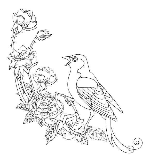 Pájaro de la canción del vector del contorno con la composición de las flores