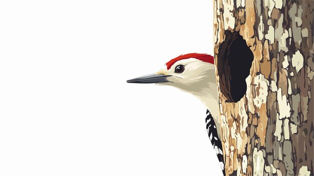 El pájaro carpintero mirando desde un agujero en un árbol