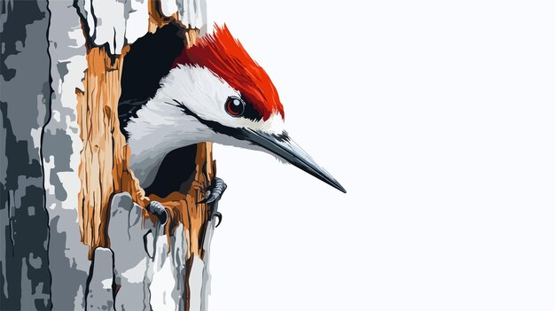 El pájaro carpintero mirando desde un agujero en un árbol