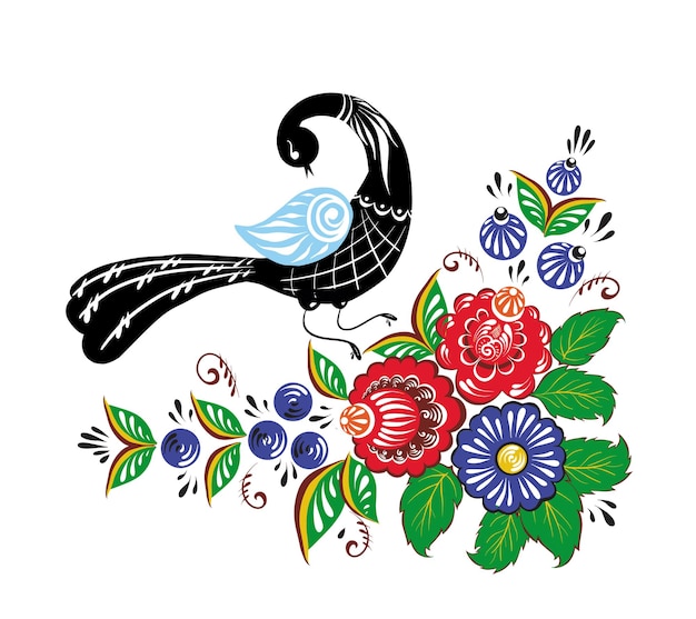 Pájaro cisne sentado en artesanías populares de flores rojas y azules. Ilustración de vector.