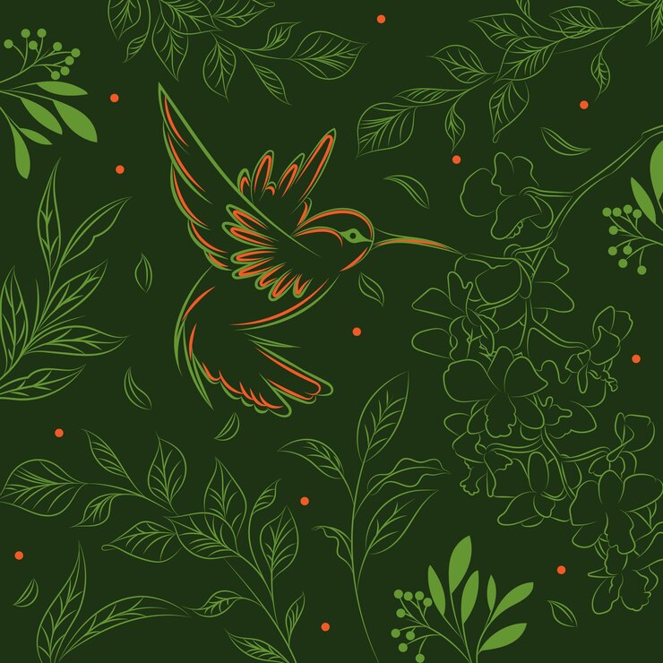 pájaro colibrí volando sobre las plantas ilustración en líneas verdes