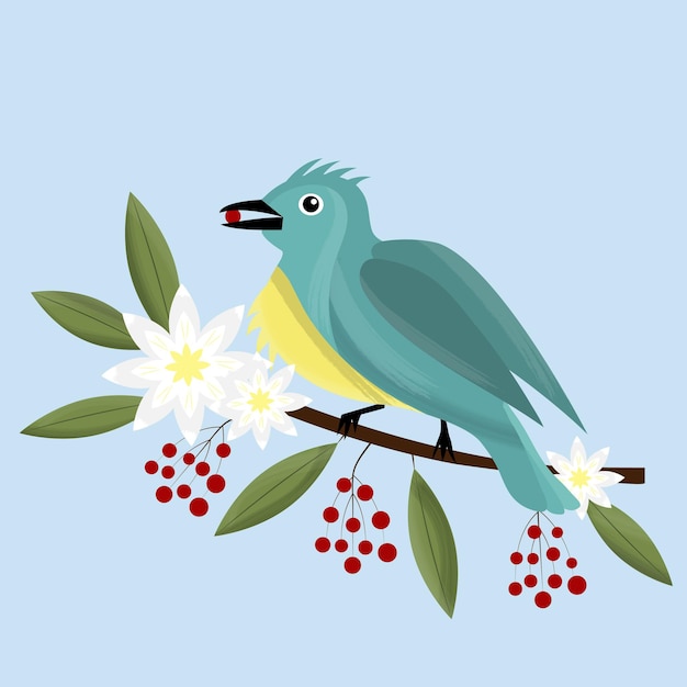 Vector pájaro de dibujos animados lindo está sentado en una rama con hermosas flores y bayas.