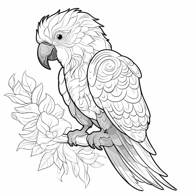 Vector pájaro de dibujos animados de loro para colorear página libro de colorear en blanco y negro o página para niños