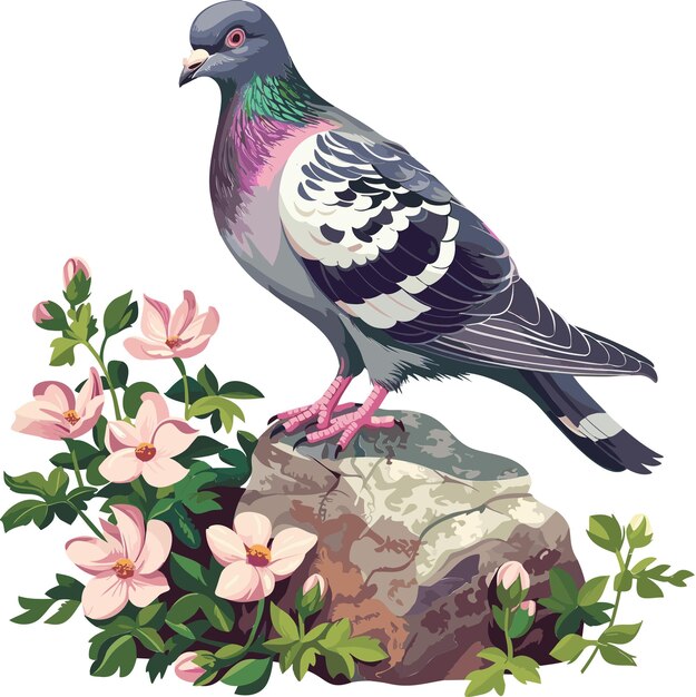 un pájaro está de pie en una roca con flores y plantas vector
