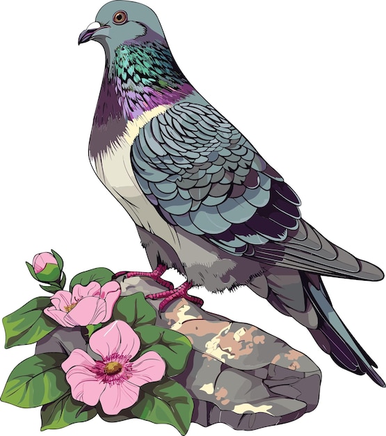 un pájaro está de pie en una roca con flores y plantas vector