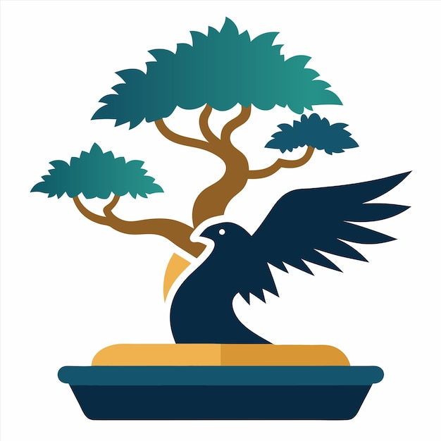 un pájaro está sentado en una olla con un árbol en el fondo