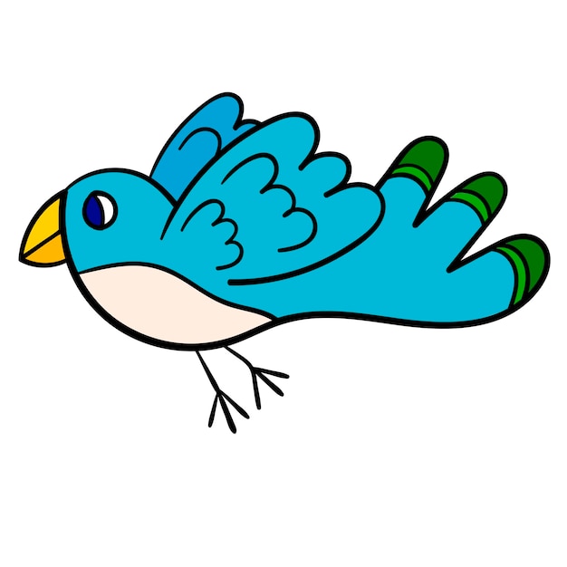 Pájaro de fantasía volador azul de dibujos animados aislado sobre fondo blanco