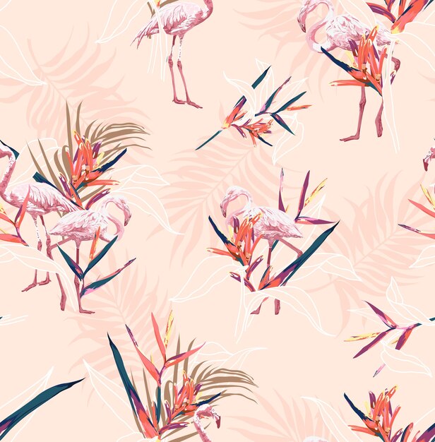El pájaro flamenco con la ilustración del pájaro del paraíso Vector Seamless Pattern Art en pastel naranja.